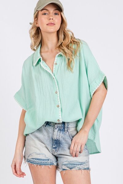 SAGE+FIG Boho Contrast Zigzag Trim Gauze Button-Up Shirt Blouses