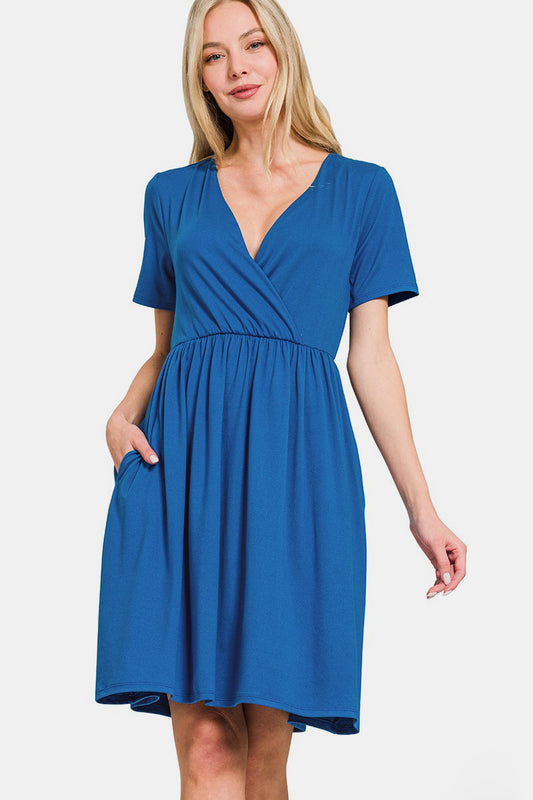 Zenana Surplice Short Sleeve Brushed DTY Dress Classic Blue Casual Dresses