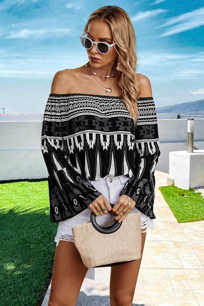 Geo Graphic Off Shoulder Loose Blouse - Shop Style & More | Fresh Looks, Everyday Deals & Free Shipping