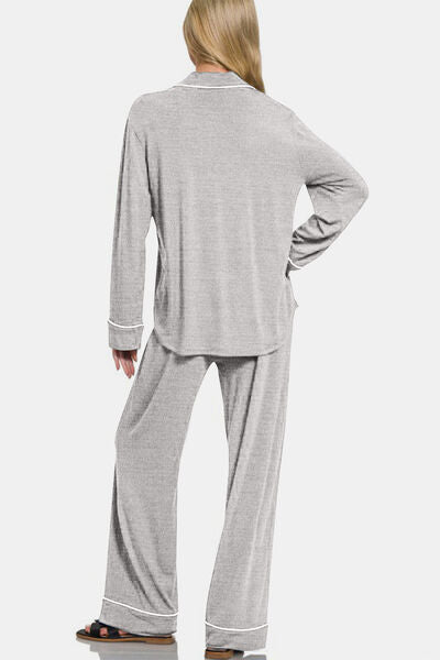 Zenana Button Down Long Sleeve Top and Pants Lounge Set Lounge Set