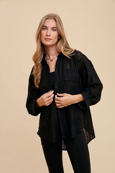 Annie Wear Openwork Button Down Drop Shoulder Shirt Black Blouses