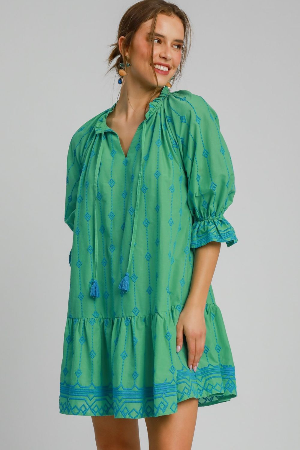 Umgee Full Size Tassel Embroidered Flounce Sleeve Mini Dress Plus Size Green Casual Dresses