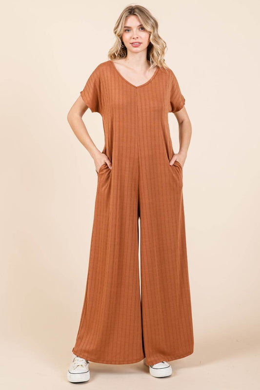 BOMBOM Ribbed Short Sleeve Wide Leg Jumpsuit - Shop Style & More | Fresh Looks, Everyday Deals & Free Shipping