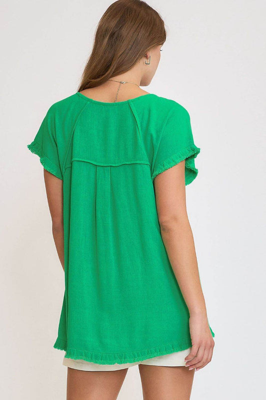 Umgee Full Size Seam Detail Linen Ruffle Fringe Edge Top Plus Size - Shop Style & More | Fresh Looks, Everyday Deals & Free Shipping