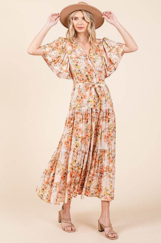 Mittoshop Floral Tie Waist Flutter Sleeve Tiered Dress - Shop Style & More | Fresh Looks, Everyday Deals & Free Shipping