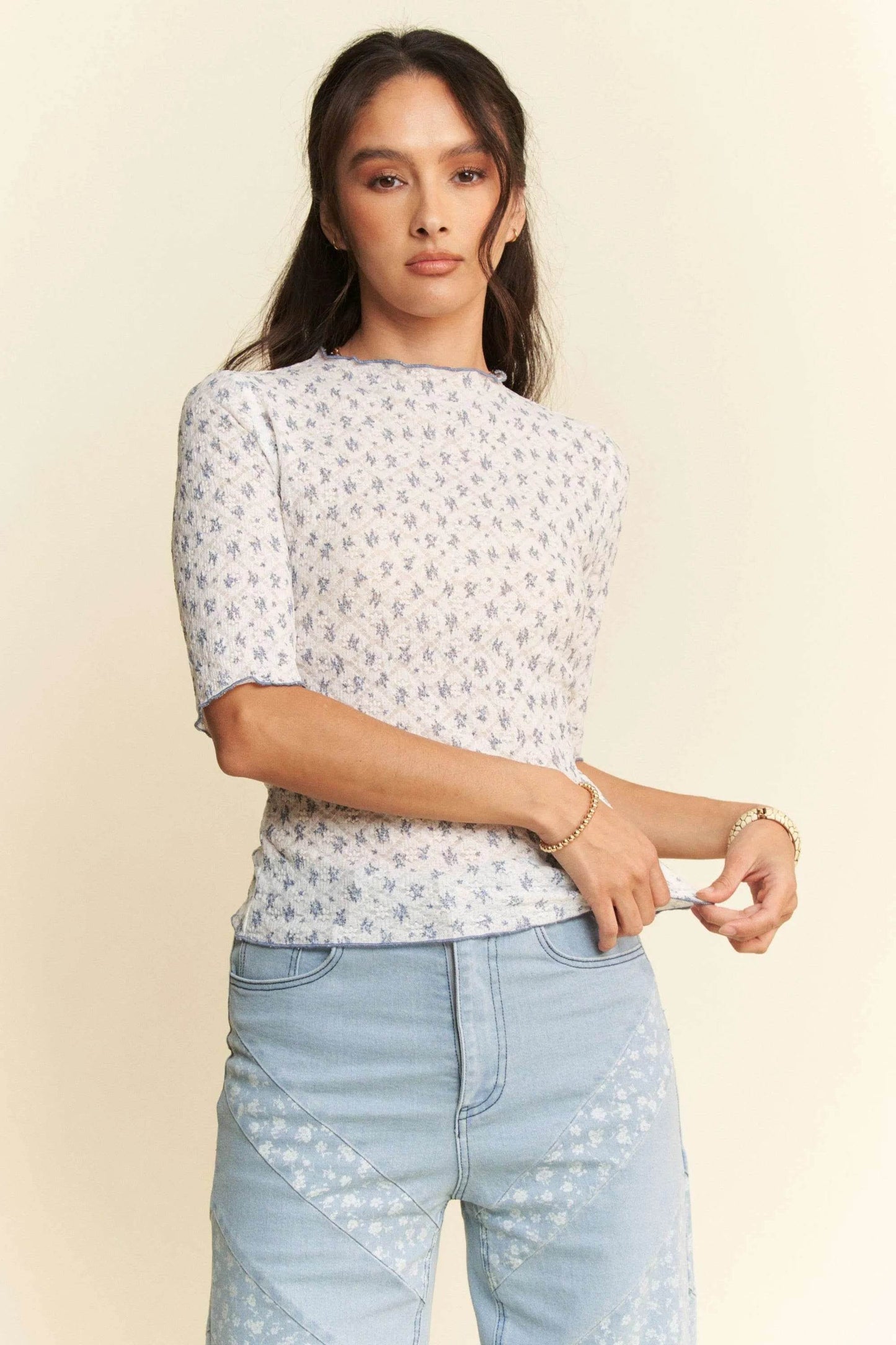 Davi & Dani Lace Stretch Floral Marrow Edge Half Sleeve Top - Shop Style & More | Fresh Looks, Everyday Deals & Free Shipping