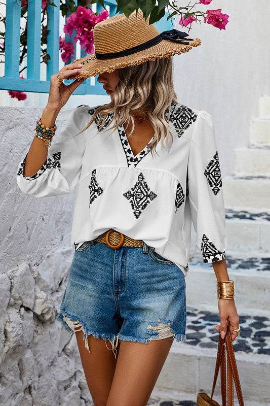 Printed T Shirt V Neck Loose Puff Sleeves Shirts - Shop Style & More | Fresh Looks, Everyday Deals & Free Shipping