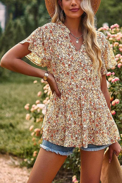 Floral Ruched V Neck Ruffle Short Sleeve Blouse - Shop Style & More | Fresh Looks, Everyday Deals & Free Shipping
