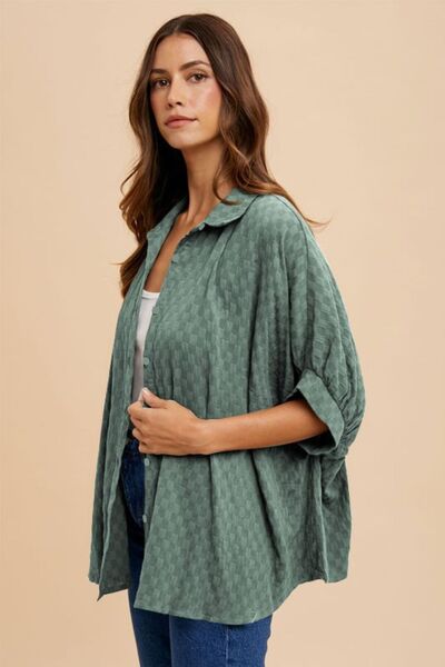 Annie Wear Checkered Button Up Half Sleeve Shirt Dark Sage Blouses