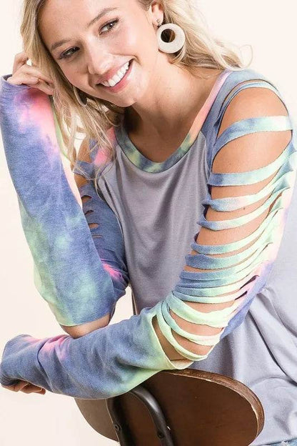 BiBi Jersey Knit Top with Tie Dye Laser Cut Sleeves - Shop Style & More | Fresh Looks, Everyday Deals & Free Shipping