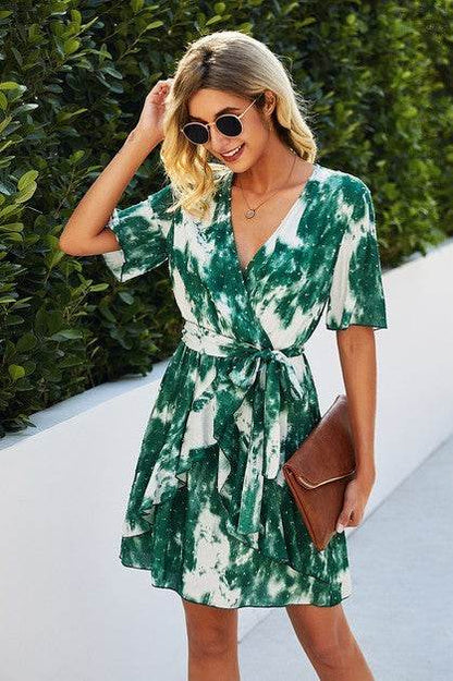 Tie Dye Swiss Dot V Neck Wrap Dress - Shop Style & More | Fresh Looks, Everyday Deals & Free Shipping