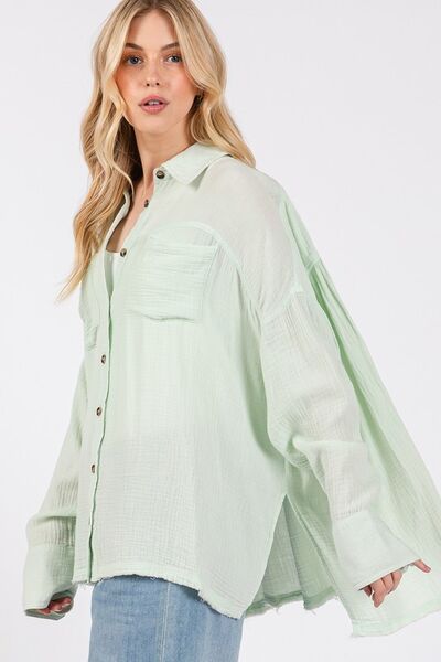 SAGE + FIG Frayed Hem Side Slit Button Down Shirt Blouses