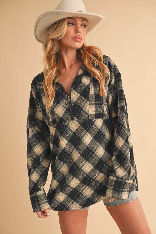 Aemi + Co Slit Plaid Half Zip Drop Shoulder Top - Shop Style & More | Fresh Looks, Everyday Deals & Free Shipping