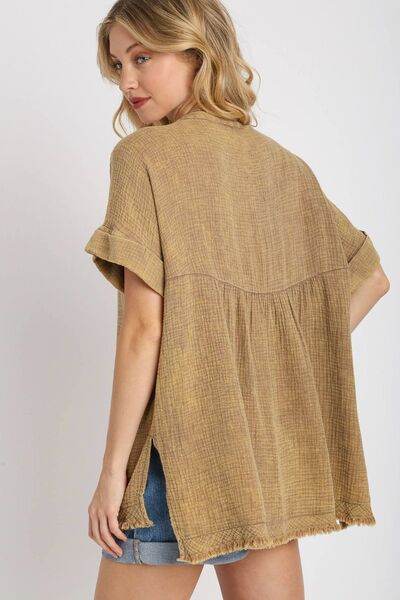 Umgee Full Size Side Slit Notched Mineral Wash Gauze Fabric Top Plus Size - Shop Style & More | Fresh Looks, Everyday Deals & Free Shipping