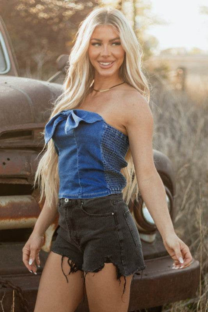 Avayah Vintage Bow Front Smocked Back Denim Tube T - Shop Style & More | Fresh Looks, Everyday Deals & Free Shipping