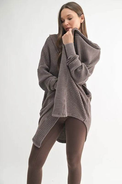MONO B Chunky Waffle Mineral Wash Hooded Open Cardigan - Shop Style & More | Fresh Looks, Everyday Deals & Free Shipping