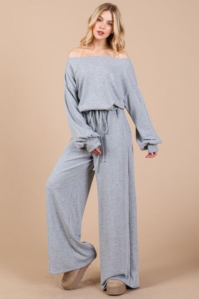 Ces Femme Boat Neck Long Sleeve Jumpsuit with Drawstring Detail Jumpsuits