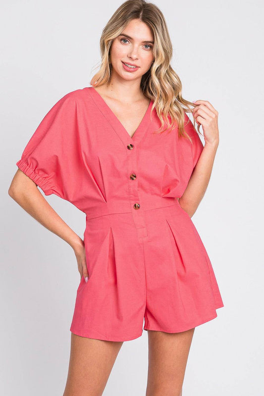 GeeGee Half Button V-Neck Linen Romper - Shop Style & More | Fresh Looks, Everyday Deals & Free Shipping