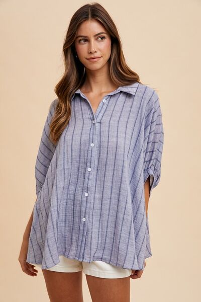 Annie Wear Striped Button Up Half Sleeve Shirt Blouses