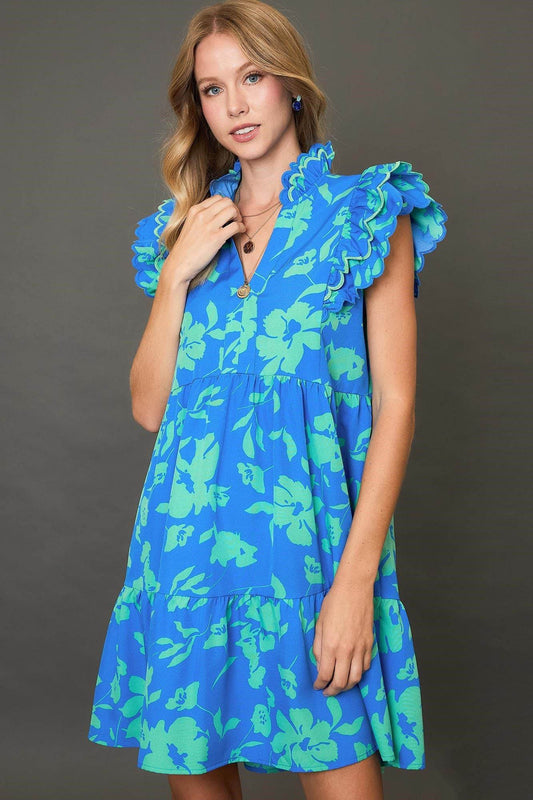 Umgee Full Size Two Tone Floral Print Ruffle Cap Sleeve Mini Dress Plus Size - Shop Style & More | Fresh Looks, Everyday Deals & Free Shipping