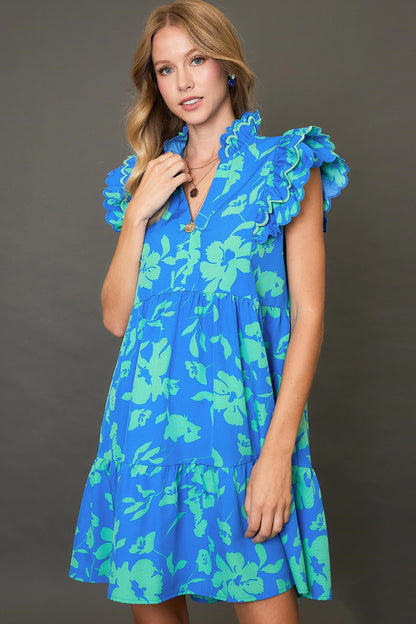 Umgee Full Size Two Tone Floral Print Ruffle Cap Sleeve Mini Dress Plus Size Blue Casual Dresses