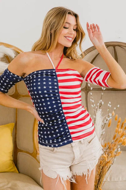 BiBi American Flag Off Shoulder With Front Ruched Top - Shop Style & More | Fresh Looks, Everyday Deals & Free Shipping
