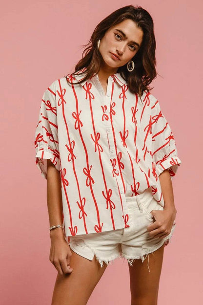 BiBi Bow Ribbon Woven Printed Button Down Shirt - Shop Style & More | Fresh Looks, Everyday Deals & Free Shipping