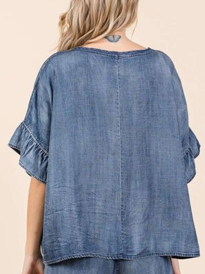 Mittoshop Washed Round Neck Flounce Sleeve Blouse Blouses