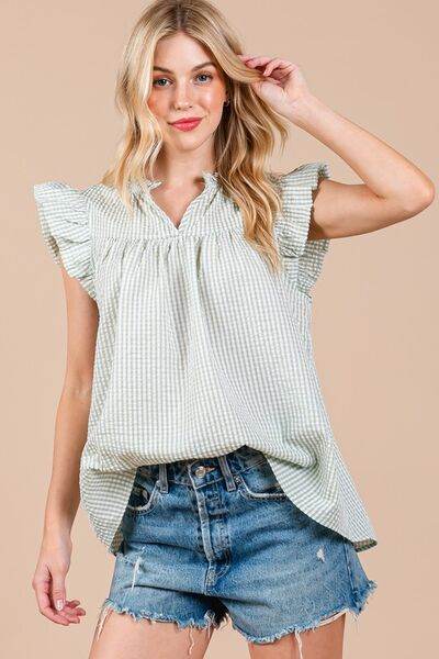 Ces Femme Plaid Notched Ruffled Cap Sleeve Blouse - Shop Style & More | Fresh Looks, Everyday Deals & Free Shipping