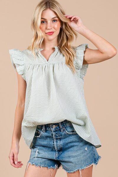 Ces Femme Plaid Notched Ruffled Cap Sleeve Blouse Light Green Blouses