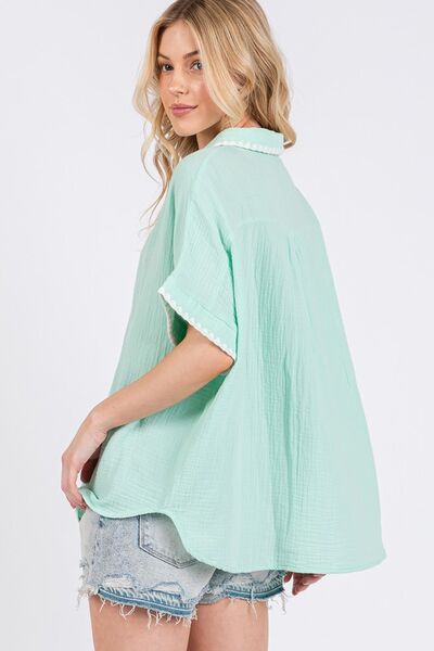 SAGE+FIG Boho Contrast Zigzag Trim Gauze Button-Up Shirt Blouses