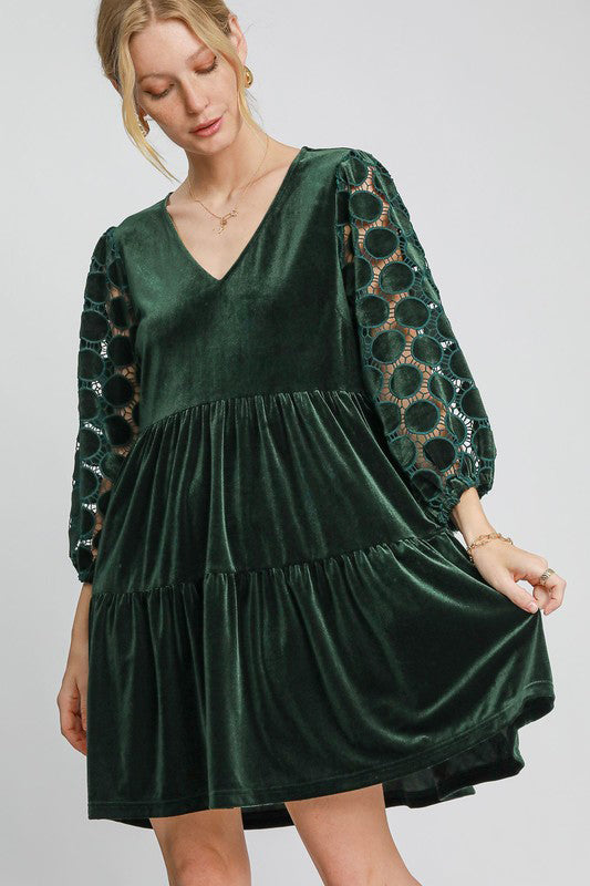 Umgee Dotted Lace Sleeve Tiered Velvet Mini Dress Dark Green Casual Dresses