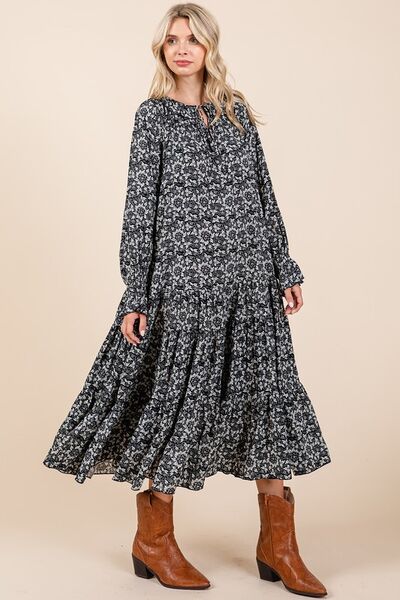 Mittoshop Printed Tie Neck Flounce Sleeve Midi Dress Casual Dresses