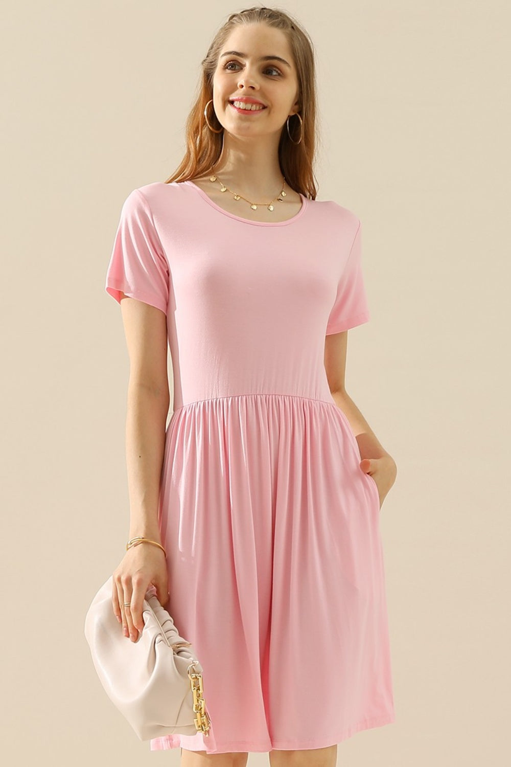 Ninexis Full Size Round Neck Ruched Dress with Pockets LT PINK Cocktail Dresses