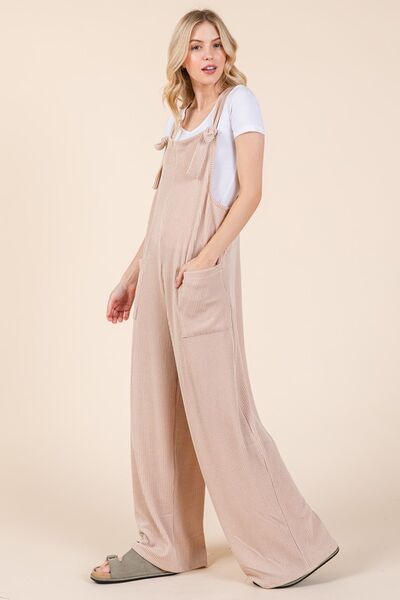 BOMBOM Knot Straps Wide Leg Ribbed Overalls with Pockets Jumpsuits