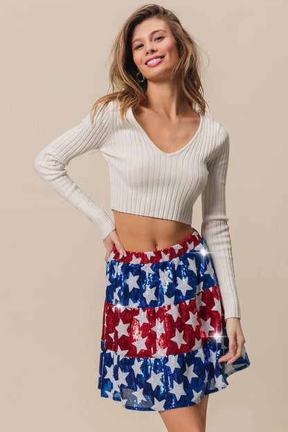 BiBi American Flag Theme Star Sequin Tiered Skirt - Shop Style & More | Fresh Looks, Everyday Deals & Free Shipping