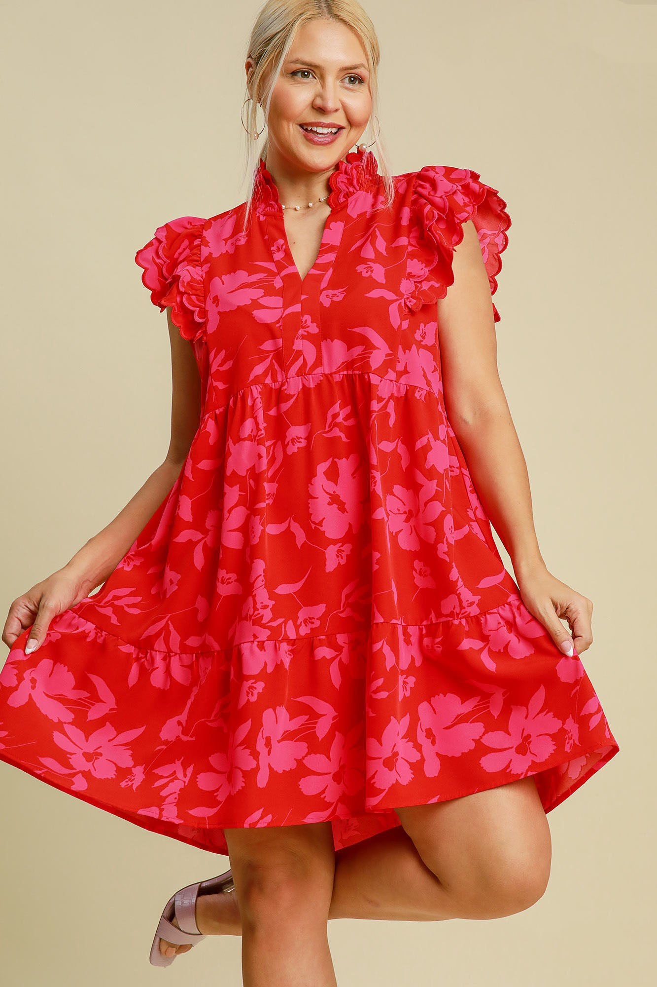 Umgee Full Size Two Tone Floral Print Ruffle Cap Sleeve Mini Dress Plus Size Casual Dresses