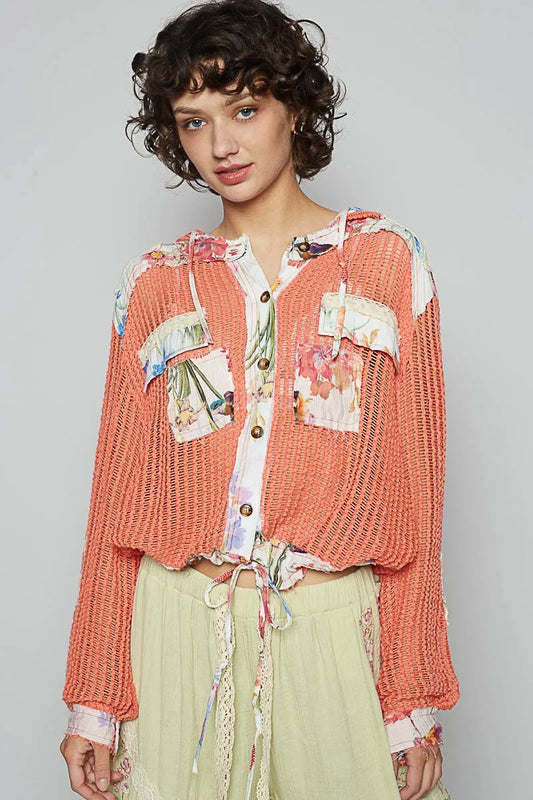 POL Vintage Washed Crochet Hoodie Jacket With Patchwork CORAL ORANGE MULTI Women's Outerwear