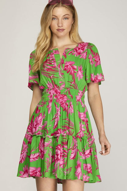 She + Sky Full Size Printed Notched Short Sleeve Frill Tiered Dress Plus Size Green Casual Dresses