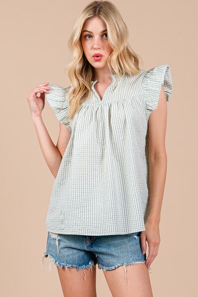 Ces Femme Plaid Notched Ruffled Cap Sleeve Blouse Blouses