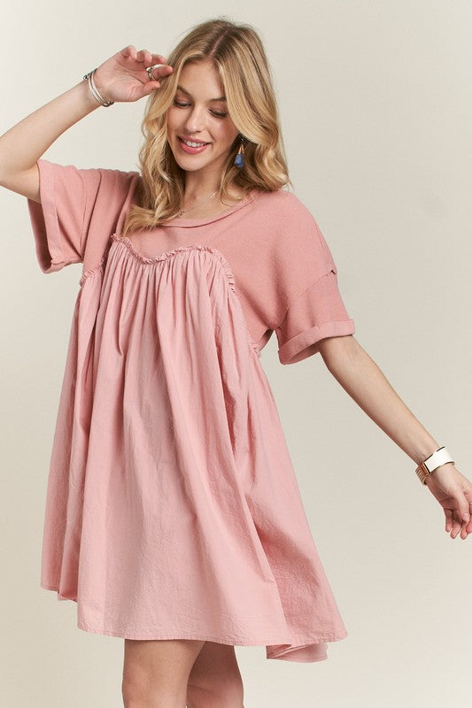 ADORA Round Neck Half Sleeve Babydoll Dress Dusty Pink Casual Dresses