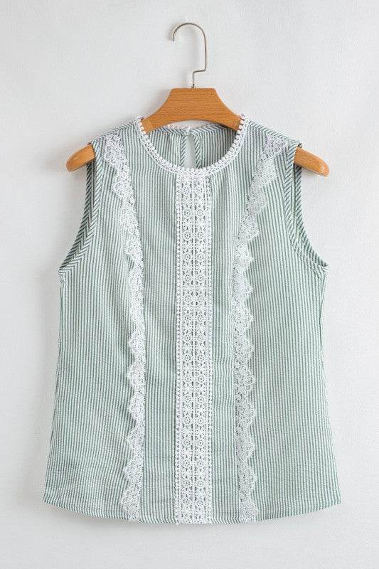 Meredith Stripe Lace Patchwork Crew Neck Tank Top - Shop Style & More | Fresh Looks, Everyday Deals & Free Shipping