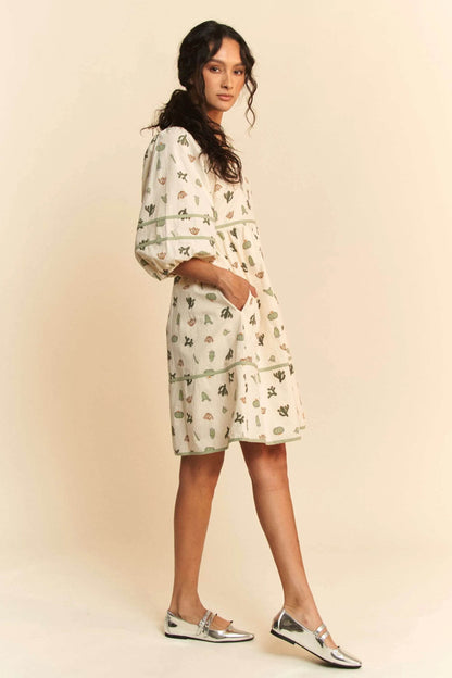Davi & Dani Cactus Printed Poplin Contrast Piping Mini Dress - Shop Style & More | Fresh Looks, Everyday Deals & Free Shipping