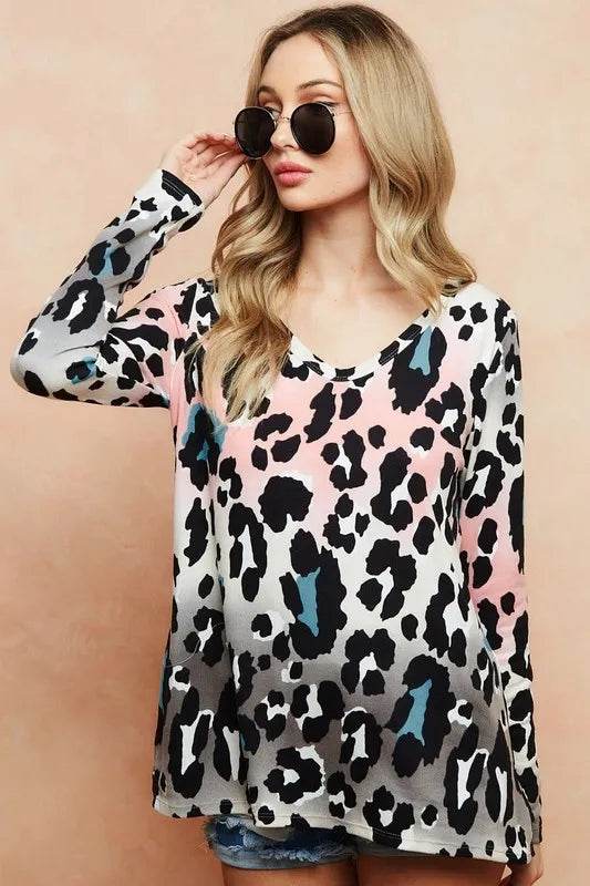 BiBi Gradation Leopard Print Soft Knit Deep U Neck Top - Shop Style & More | Fresh Looks, Everyday Deals & Free Shipping