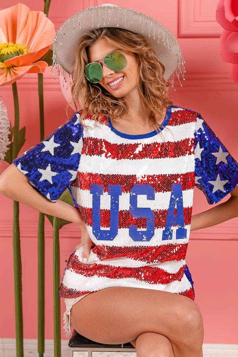 BiBi American Flag Theme USA Lettering Sequin Top - Shop Style & More | Fresh Looks, Everyday Deals & Free Shipping