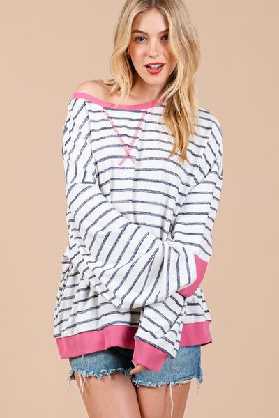 Ces Femme Striped Round Neck Drop Shoulder Sweatshirt Hoodies & Sweaters