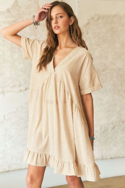 ADORA Ruffled Hem Striped V-Neck Babydoll Dress Casual Dresses