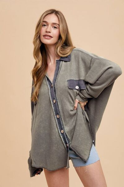 Annie Wear Waffle-Knit Mineral Washed Button Down Shirt Charcoal Blouses