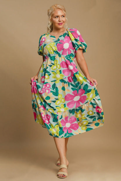 Umgee Full Size Tiered Floral Print Notched Puff Sleeve Midi Dress Plus Size Casual Dresses