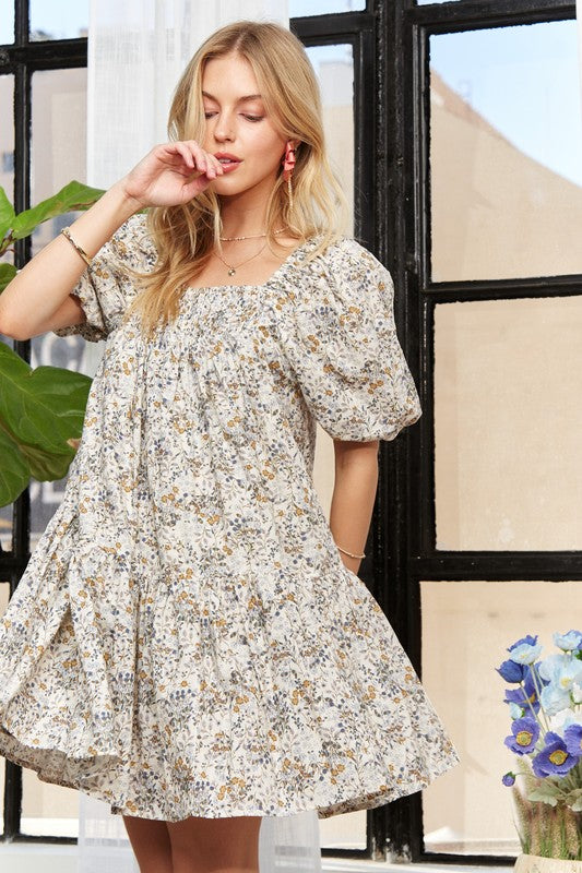 ADORA Floral Square Neck Puff Sleeve Dress Casual Dresses